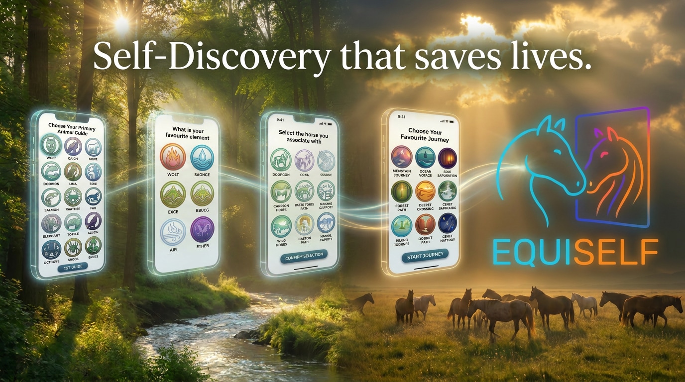 Self-Discovery that saves lives — the EQUISELF journey, with mobile quiz screens and rescued horses